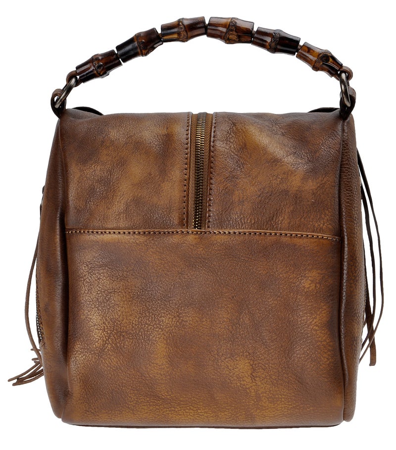 ZLYC Women's Leather Bamboo Hand Strap Featured Fringe Bohemian Tassel Studed Cross Body Bag (Brown) - Image 4